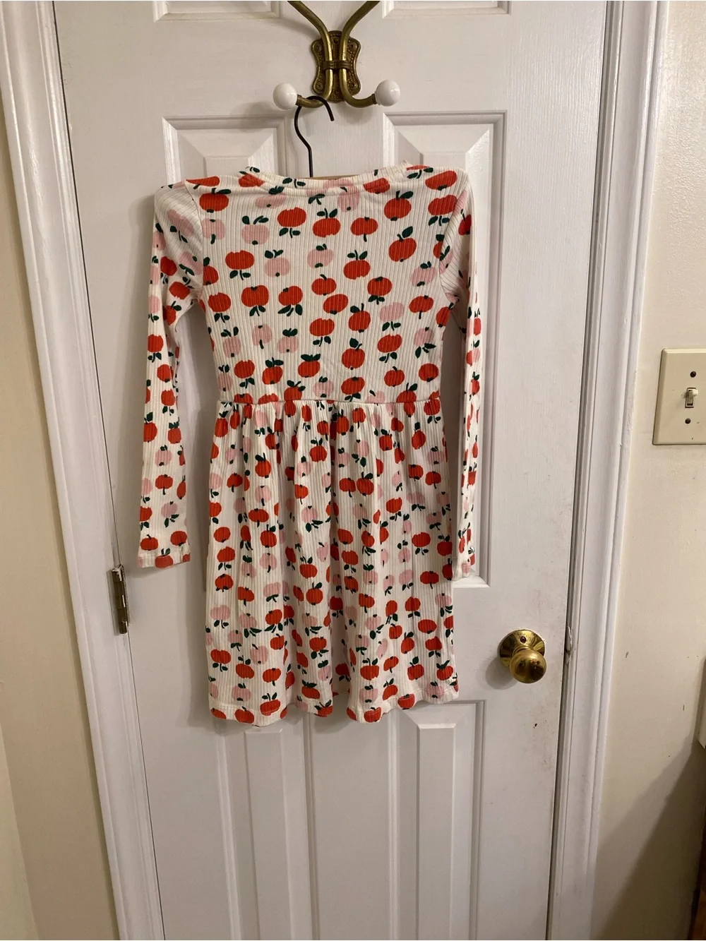HANNA ANDERSON Girls 8 Long Sleeve Apple Fall Dress Cream w/ Red Apple Pattern